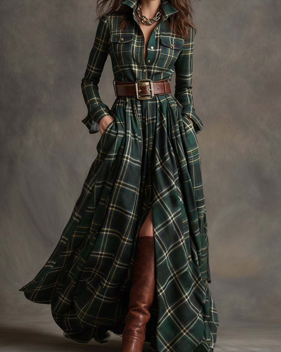 Giulia - Abito lungo a quadri marrone-rossiccio in stile etnico retrò con revers