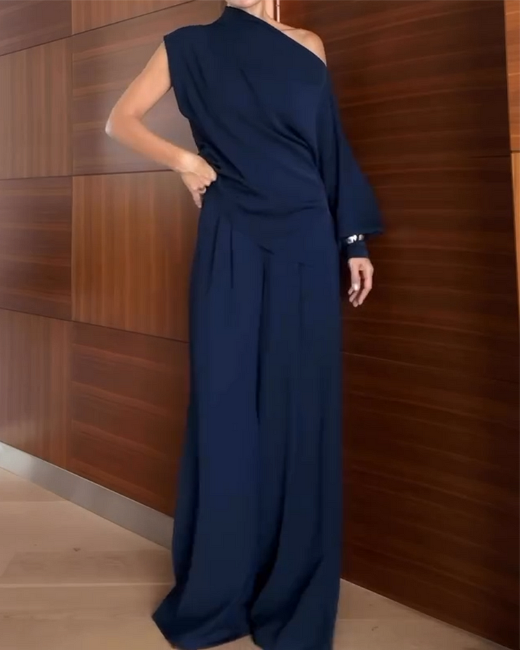 Completo donna due pezzi: top monospalla/off-shoulder a manica lunga e pantaloni