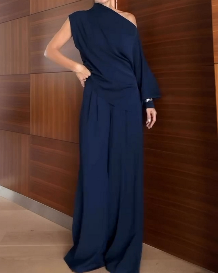 Completo donna due pezzi: top monospalla/off-shoulder a manica lunga e pantaloni