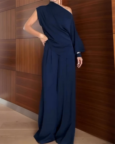 Completo donna due pezzi: top monospalla/off-shoulder a manica lunga e pantaloni