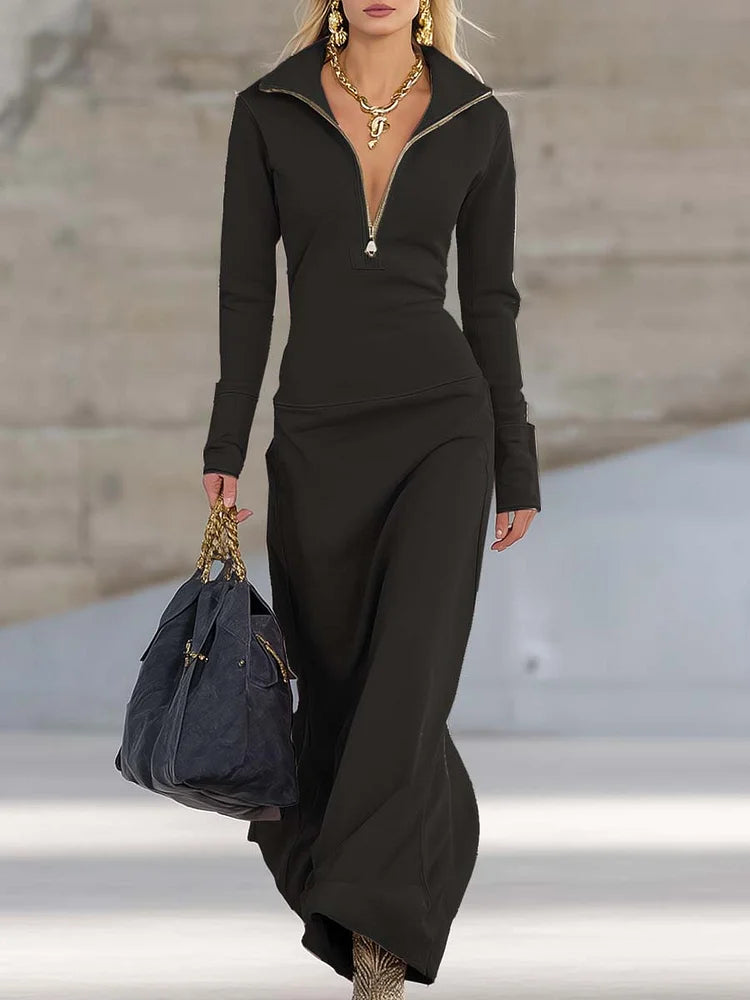 Abito Lungo Rosa Sportivo Retrò con Scollo a V e Cerniera Frontale a Maniche Lunghe