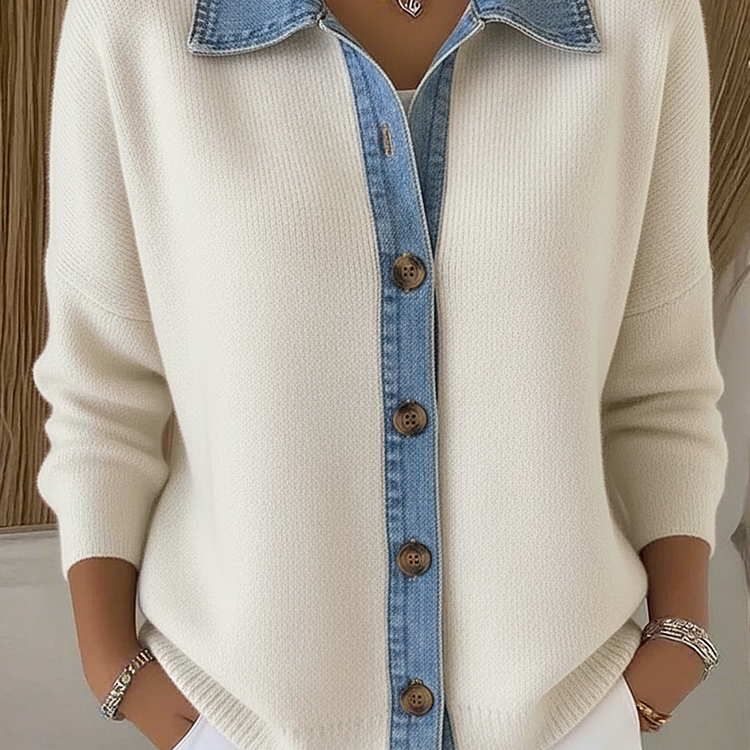 Cardigan in Maglia con Colletto Polo e Patchwork in Denim con Bottoni