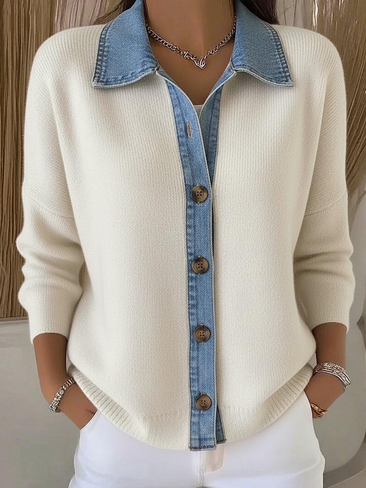 Cardigan in Maglia con Colletto Polo e Patchwork in Denim con Bottoni