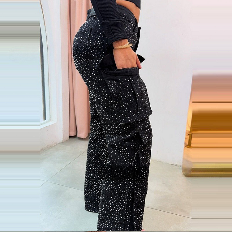Pantaloni a Gamba Larga con Strass Eleganti