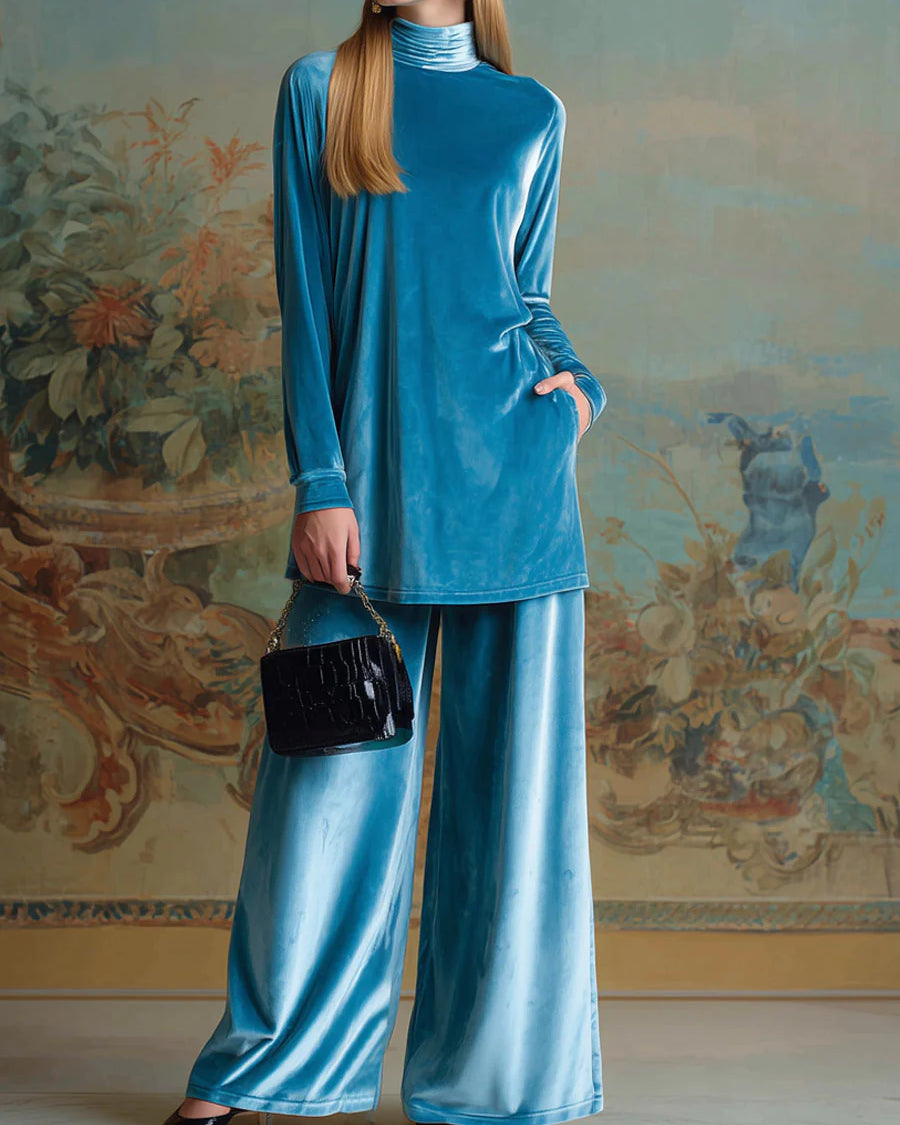 Set Casual in Velluto Blu con Collo Alto e Vestibilità Ampia