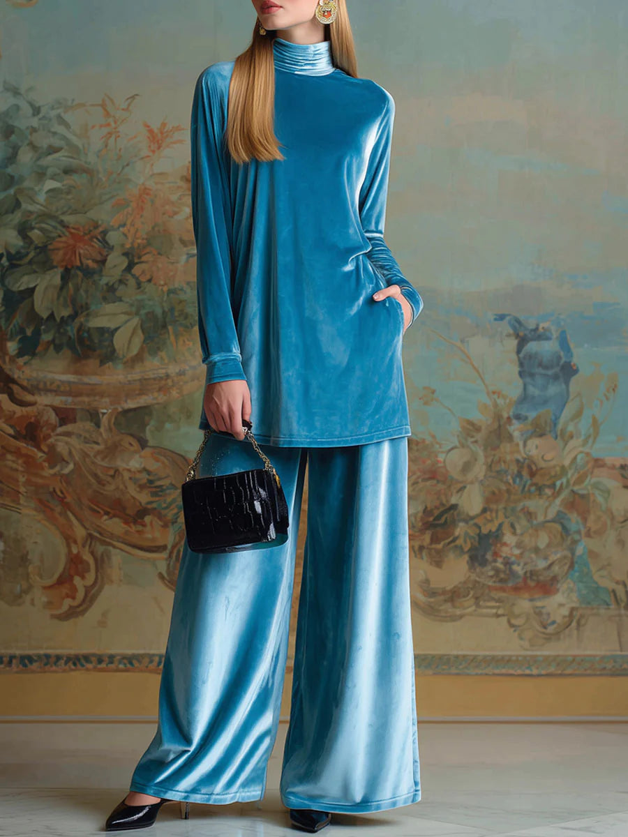 Set Casual in Velluto Blu con Collo Alto e Vestibilità Ampia