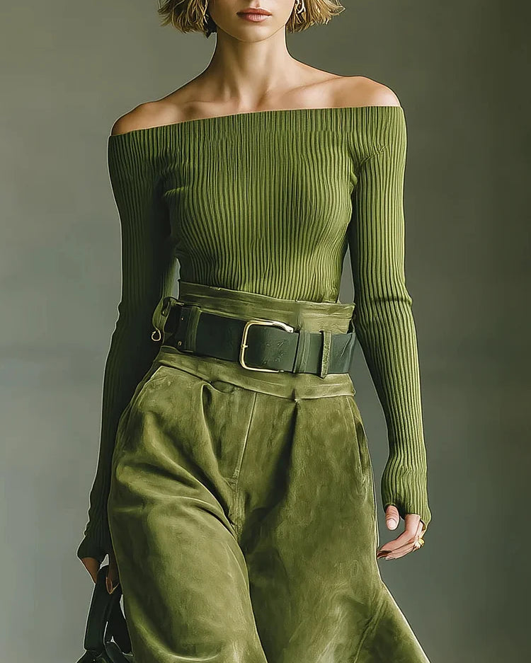 Set top off-shoulder verde oliva e gonna in suede (con cintura)