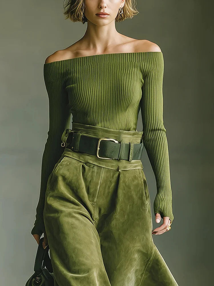 Set top off-shoulder verde oliva e gonna in suede (con cintura)