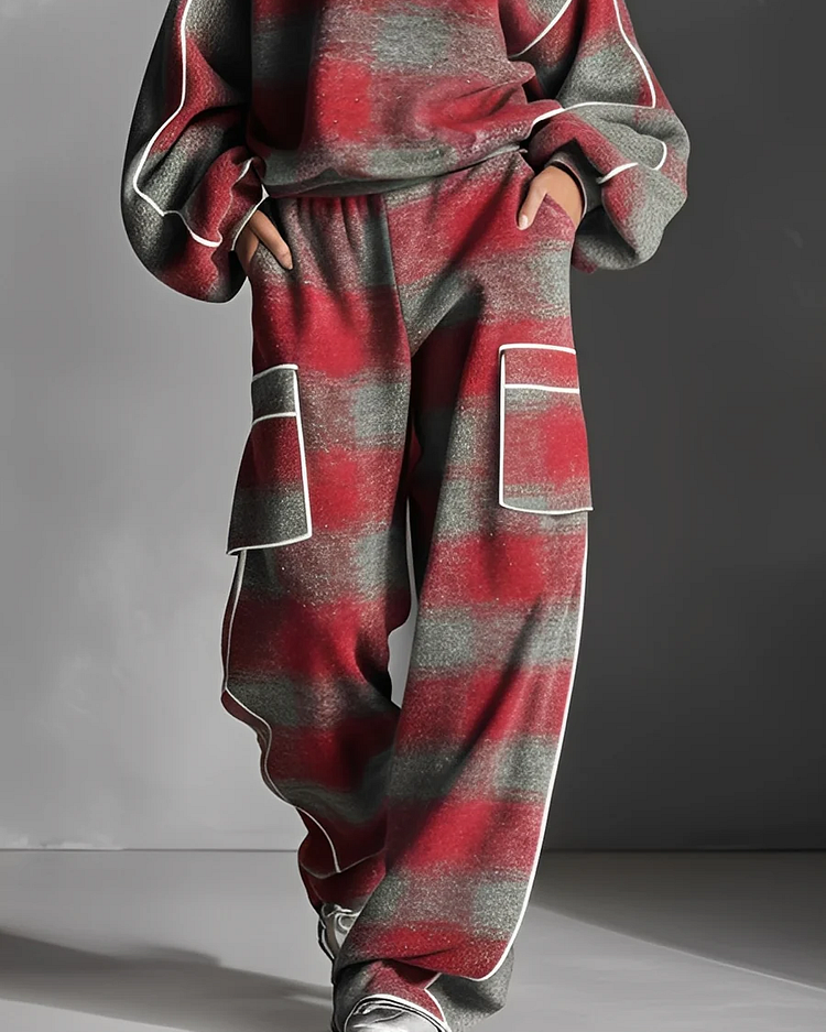 Set Due Pezzi Felpa a Quadri con Pantaloni Casual