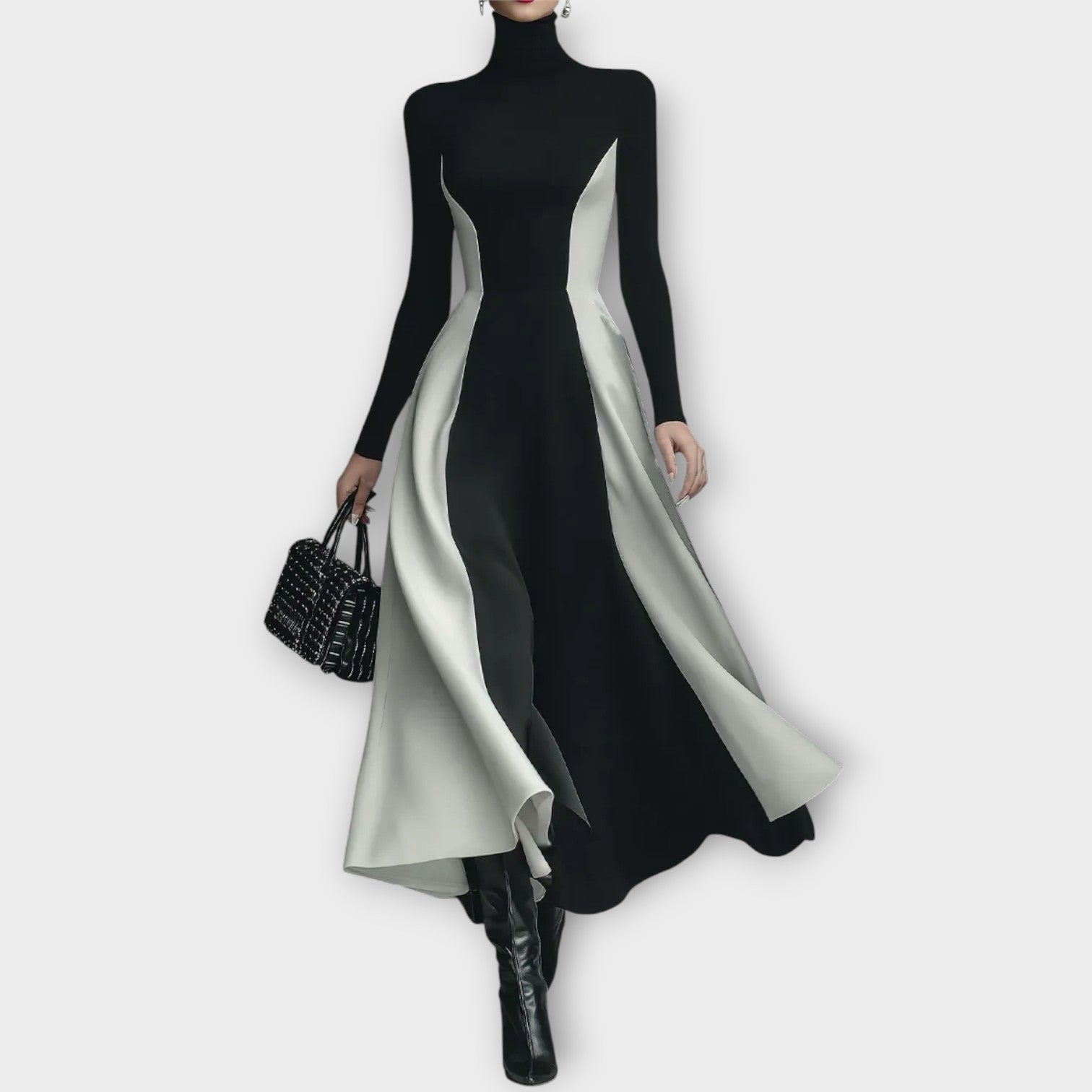 Elegante Abito Maxi con Collo Alto Bicolore