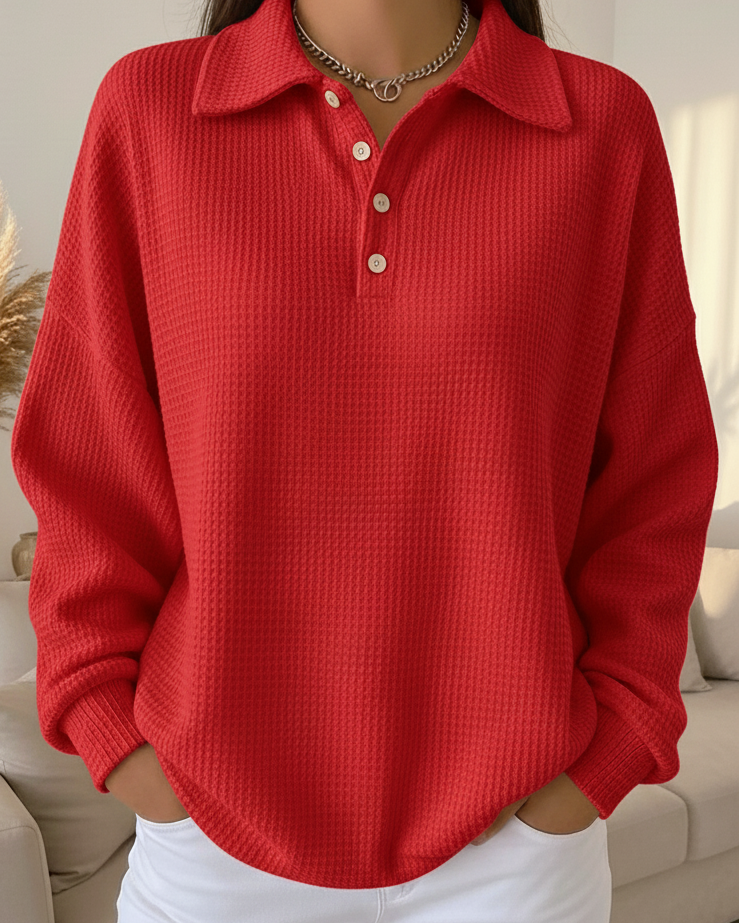 Felpa da donna casual con collo polo, bottoni e tessuto a nido d’ape