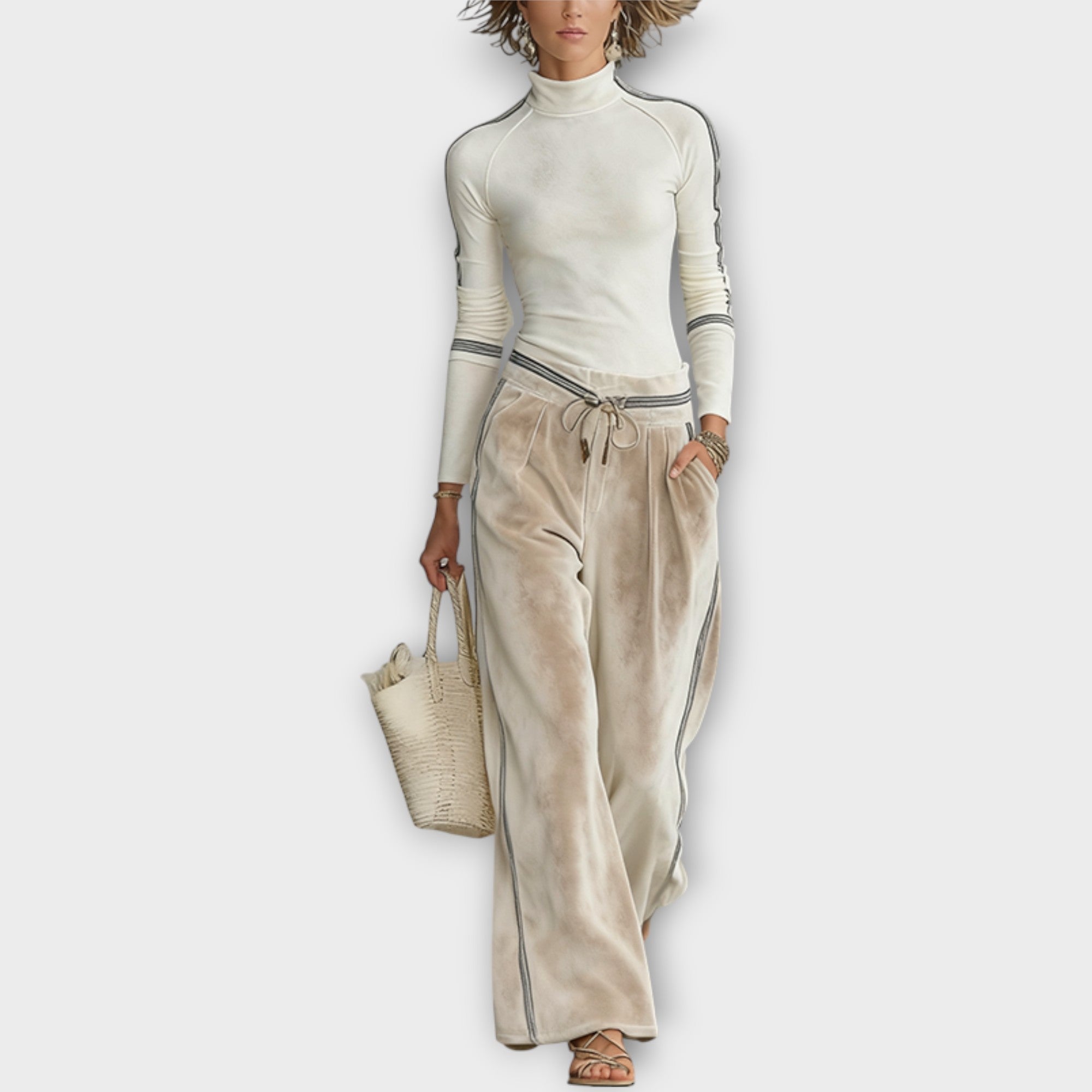 Set Top in Maglia con Bordo a Contrasto e Pantaloni Lounge in Velour