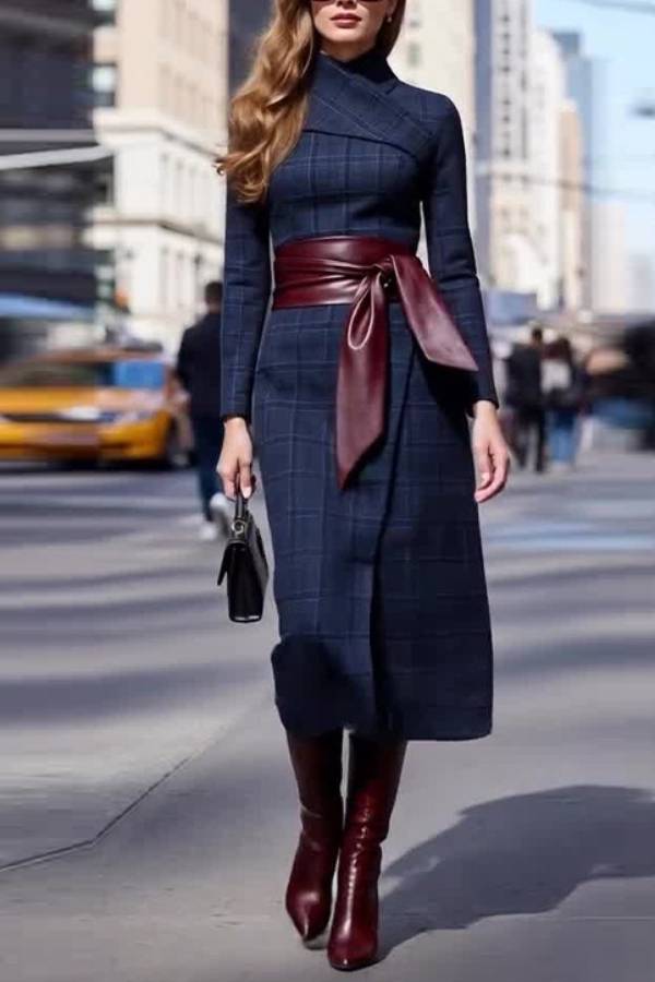 Elegante abito lungo in lana con cintura in vita