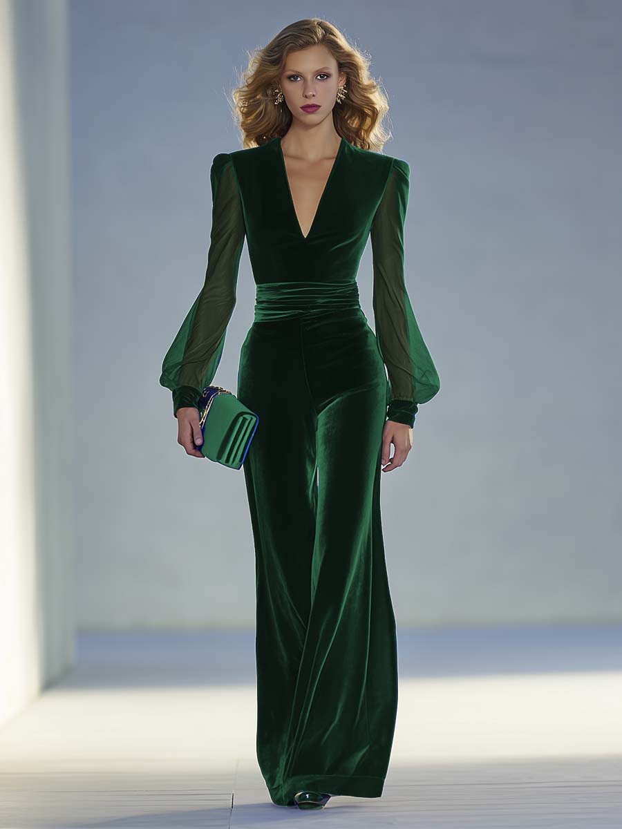 Tuta Elegante in Velluto Blu Re con Scollo a V e Dettagli in Mesh