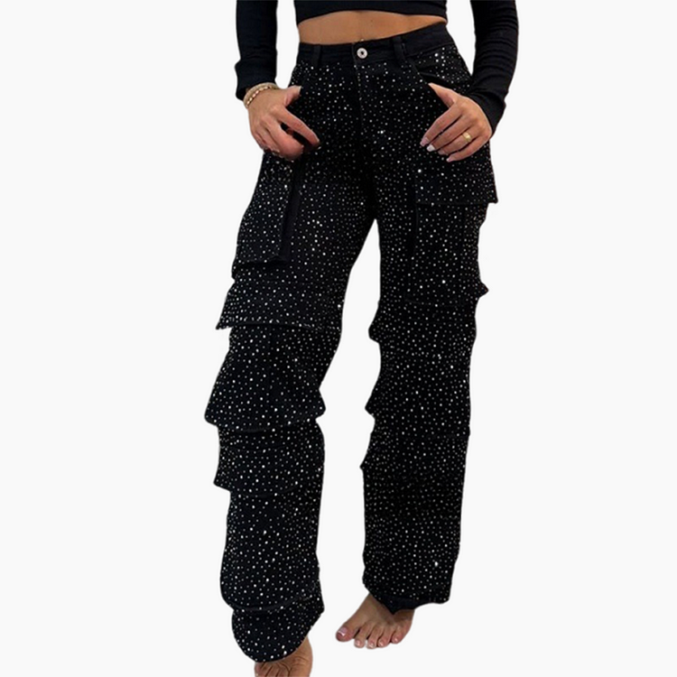 Pantaloni a Gamba Larga con Strass Eleganti