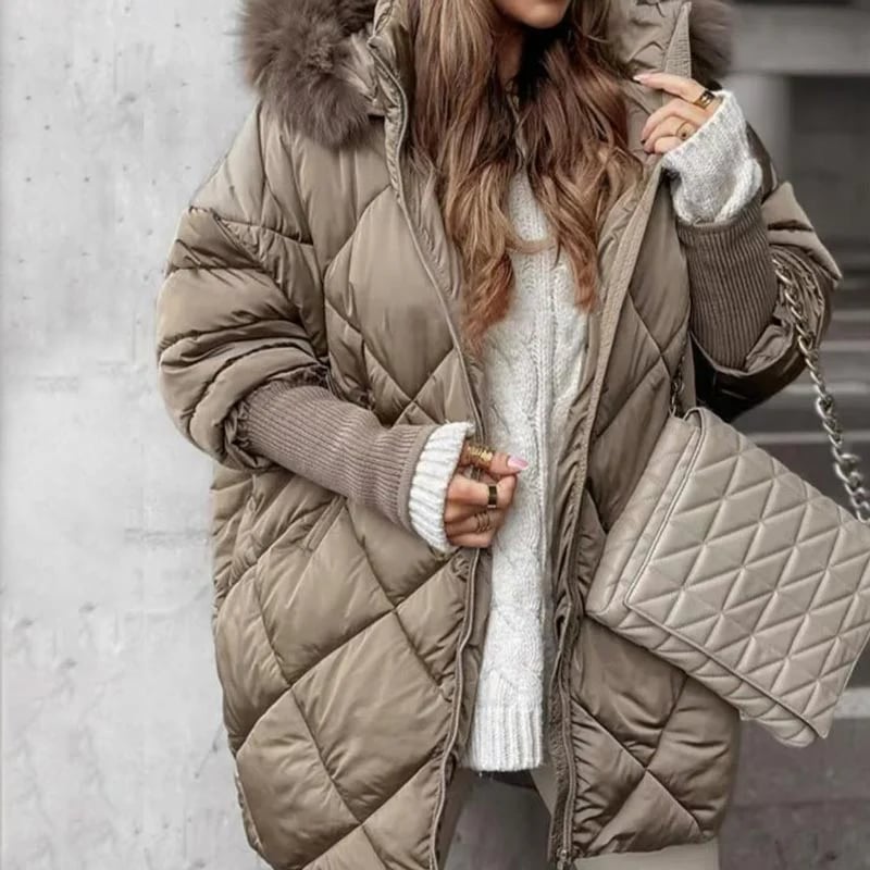 Parka da Donna alla Moda a Lunghezza Media – Autunno e Inverno con Maniche a Maglia e Patchwork, Vestibilità Slanciata per i Giorni Freddi