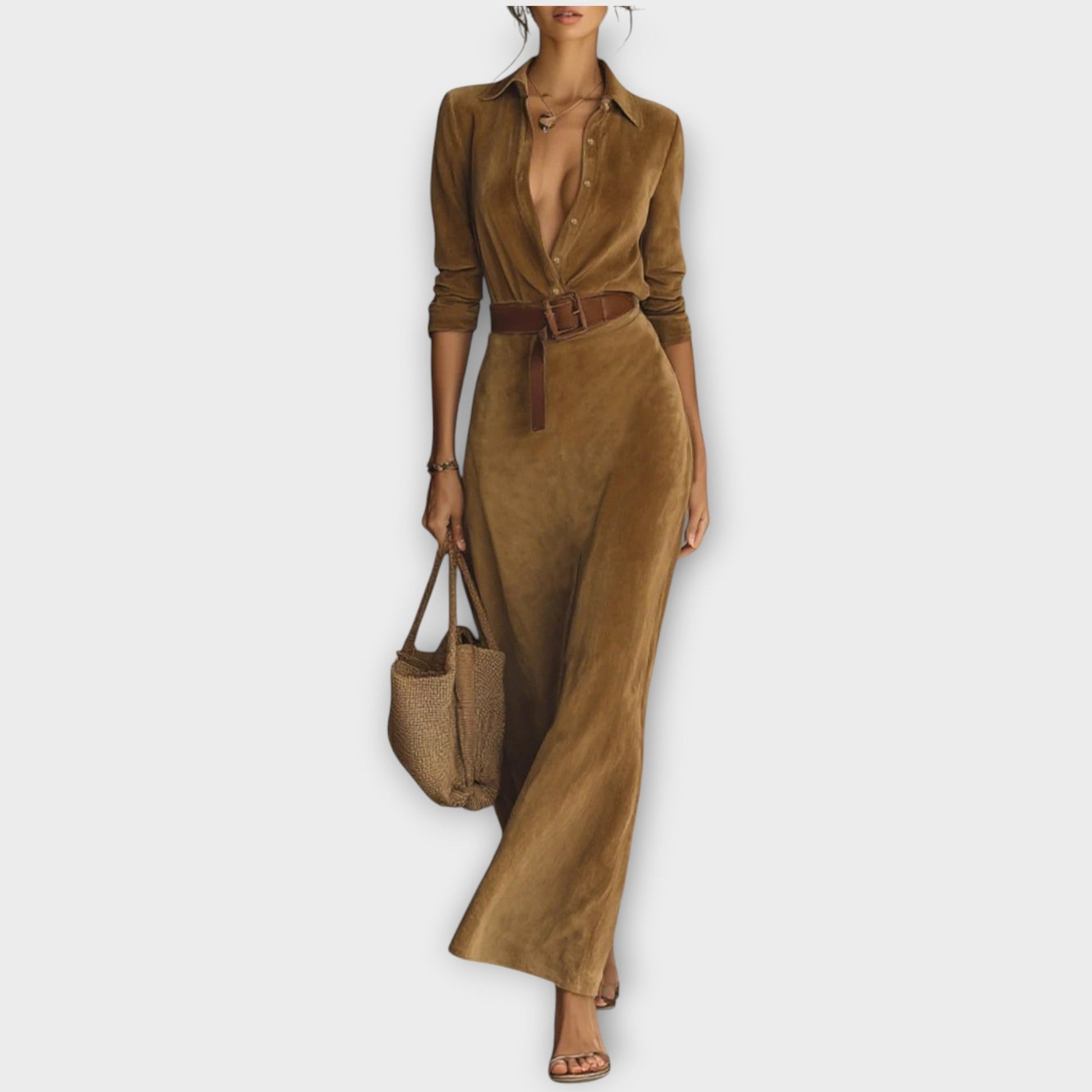 Abito Maxi in Suede Elegante con Cintura