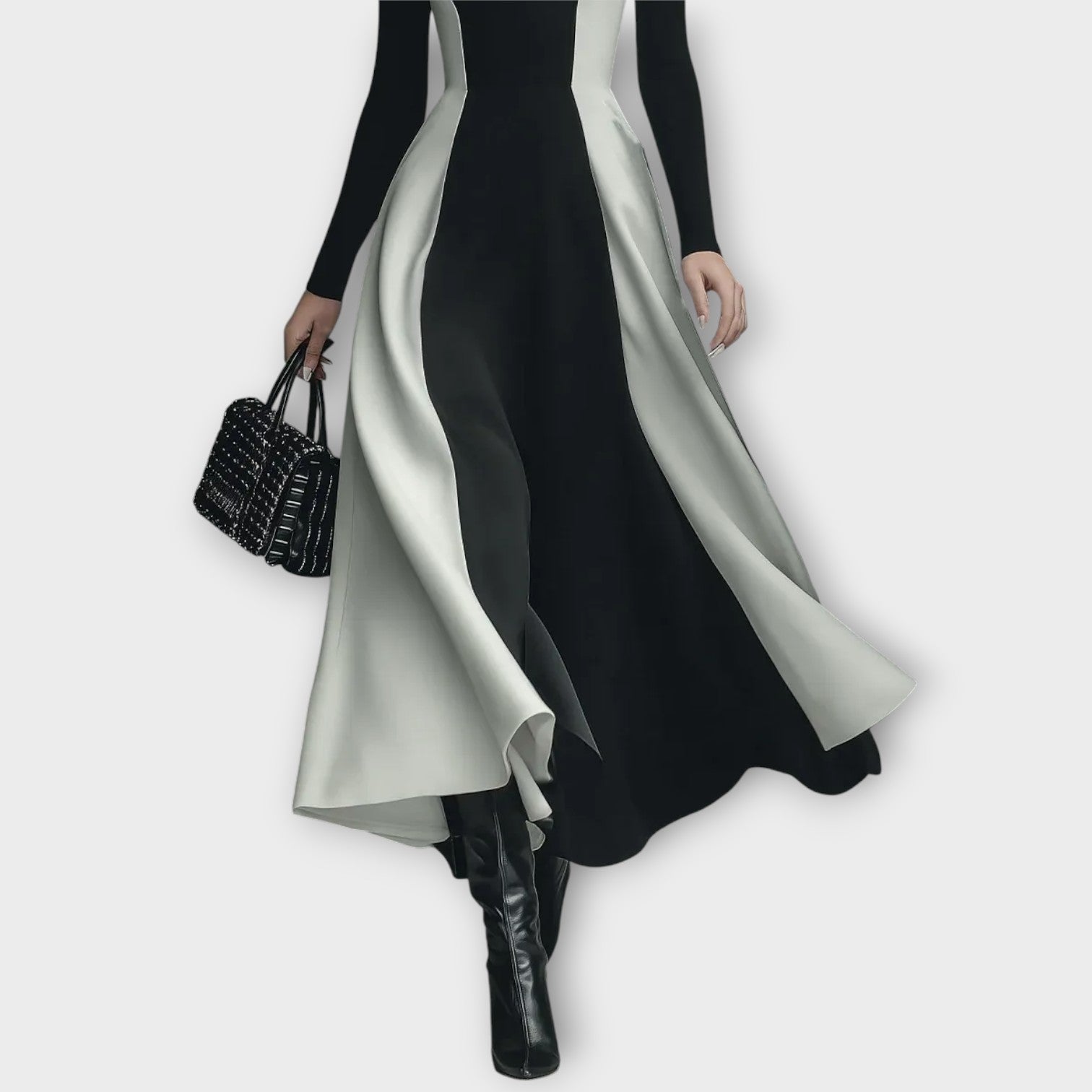 Elegante Abito Maxi con Collo Alto Bicolore