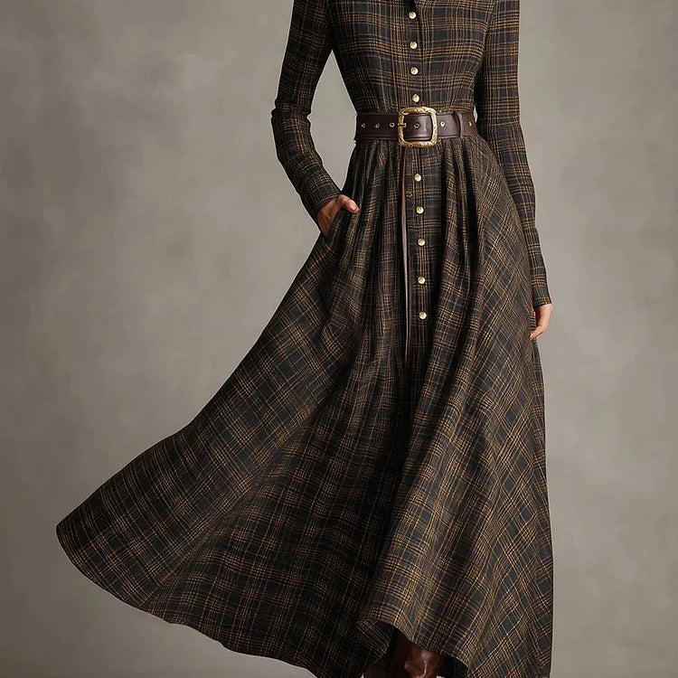 Abito lungo a camicia a righe marrone e nero con revers