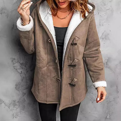 Cappotto da donna in pelle scamosciata con cappuccio e fodera in peluche