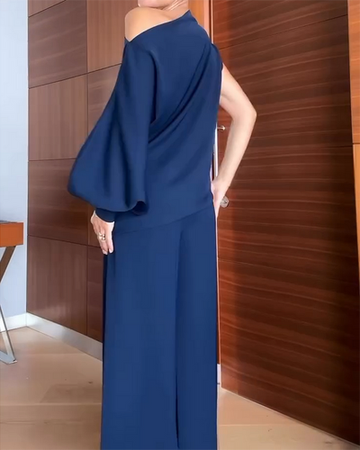 Completo donna due pezzi: top monospalla/off-shoulder a manica lunga e pantaloni