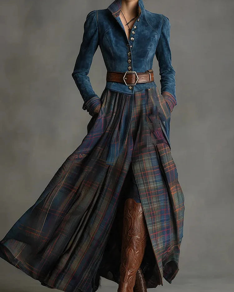 Maxi-abito in stile retrò con motivo a quadri in suede blu (incluso cintura)