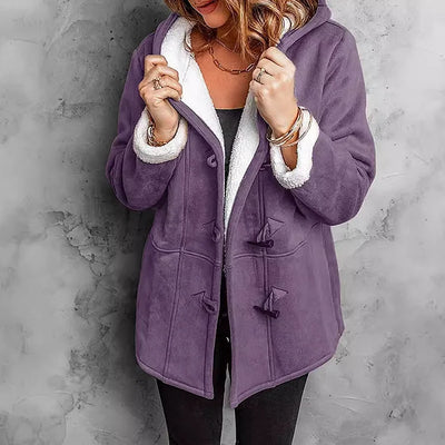 Cappotto da donna in pelle scamosciata con cappuccio e fodera in peluche
