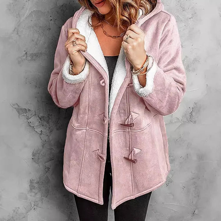 Cappotto da donna in pelle scamosciata con cappuccio e fodera in peluche