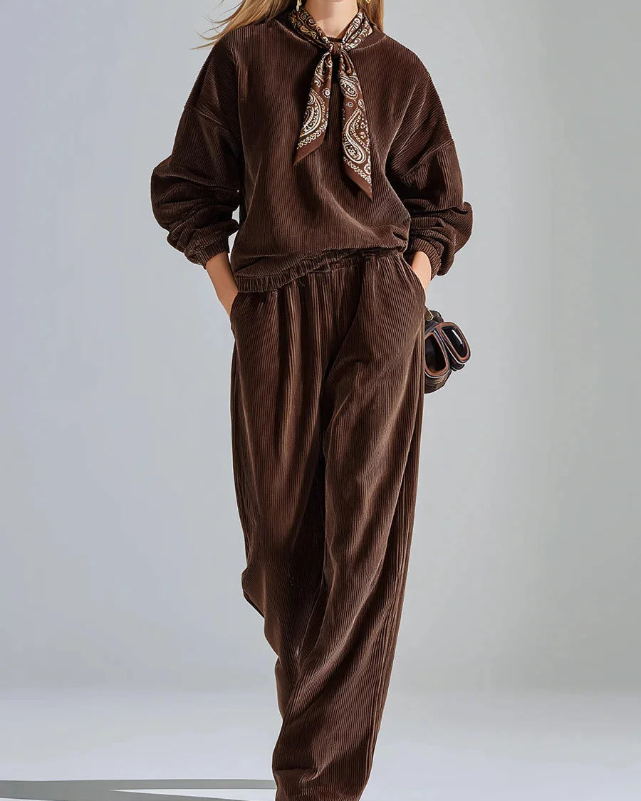 Set Casual in Velluto a Coste a Colore Unito con Felpa e Pantaloni a Gamba Larga