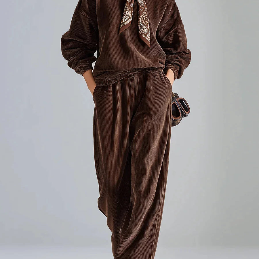 Set Casual in Velluto a Coste a Colore Unito con Felpa e Pantaloni a Gamba Larga
