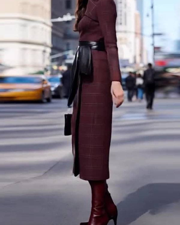 Elegante abito lungo in lana con cintura in vita