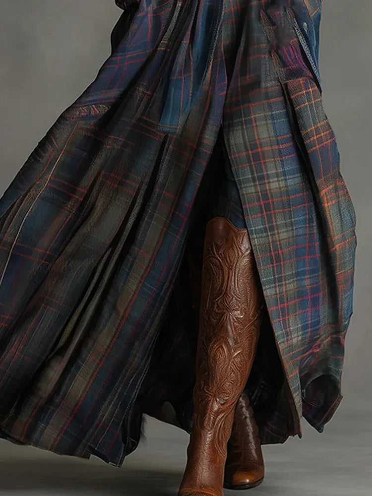 Maxi-abito in stile retrò con motivo a quadri in suede blu (incluso cintura)