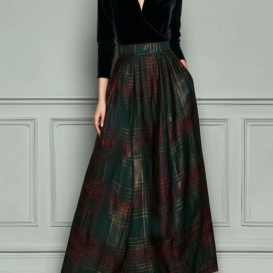 Abito Maxi Patchwork in Velluto e Quadri Verdi