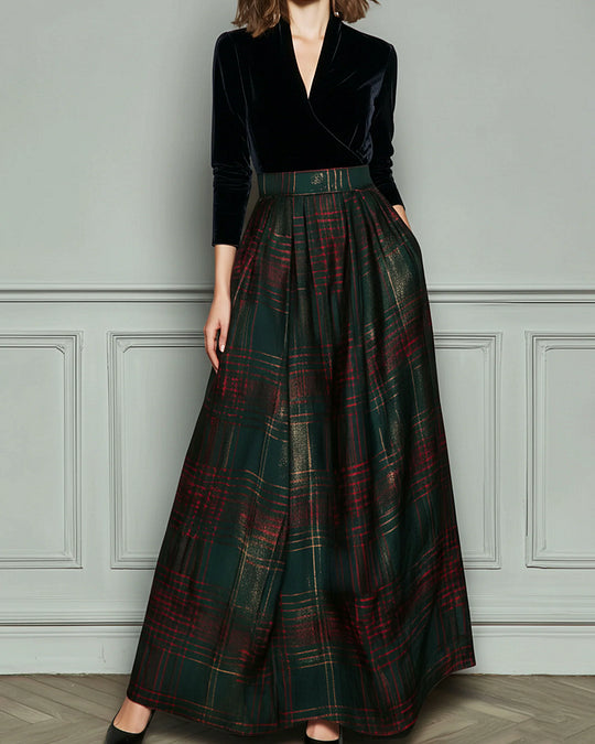 Abito Maxi Patchwork in Velluto e Quadri Verdi