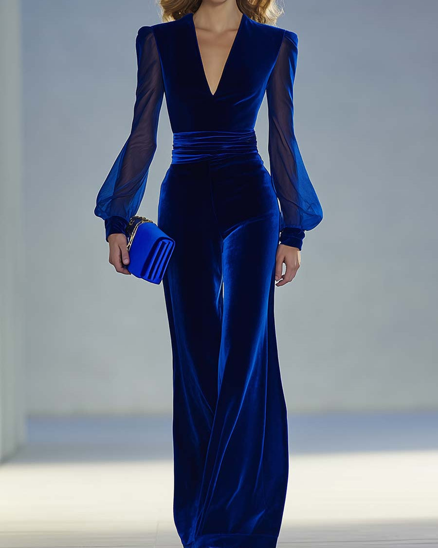 Tuta Elegante in Velluto Blu Re con Scollo a V e Dettagli in Mesh