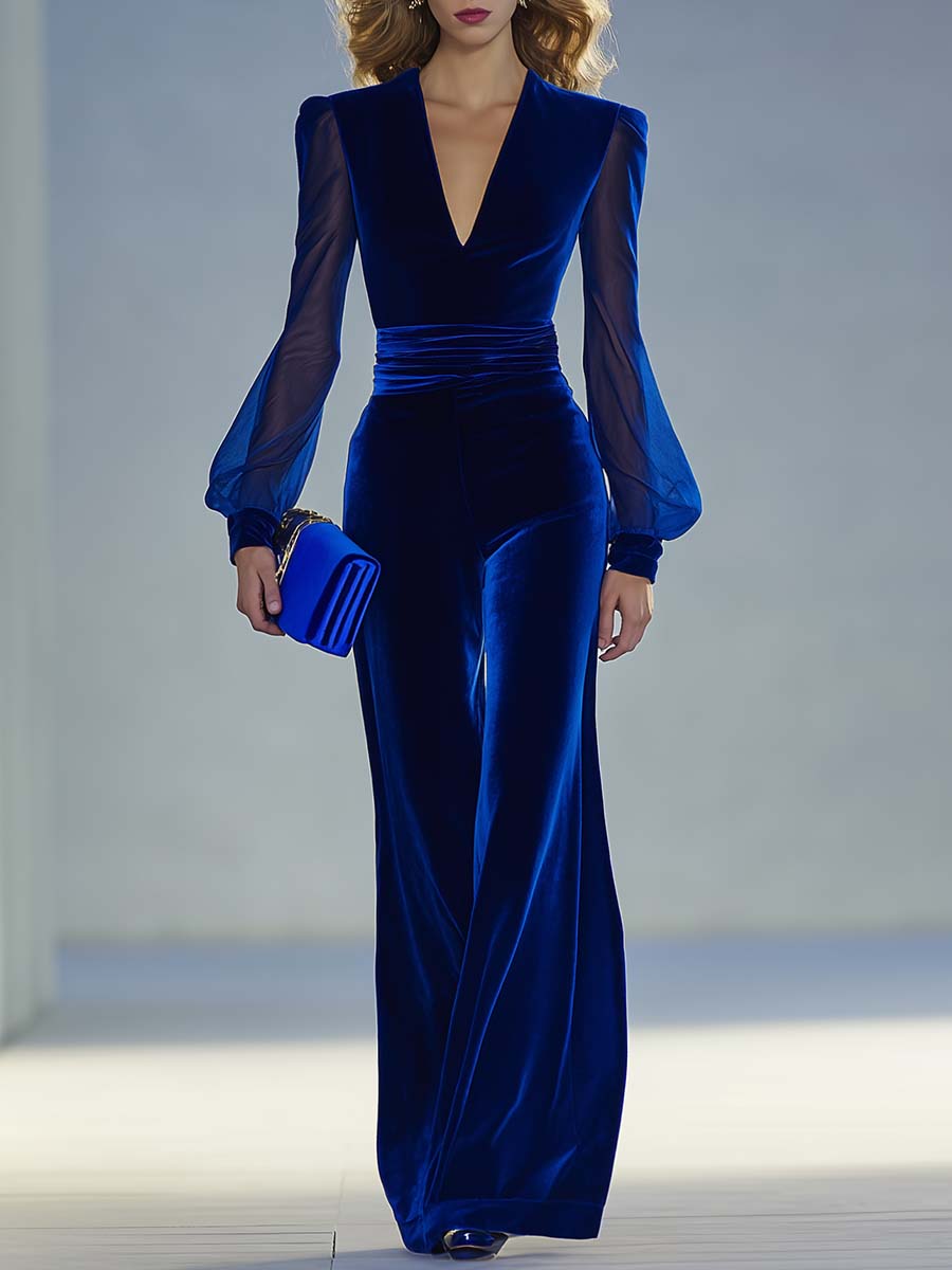 Tuta Elegante in Velluto Blu Re con Scollo a V e Dettagli in Mesh