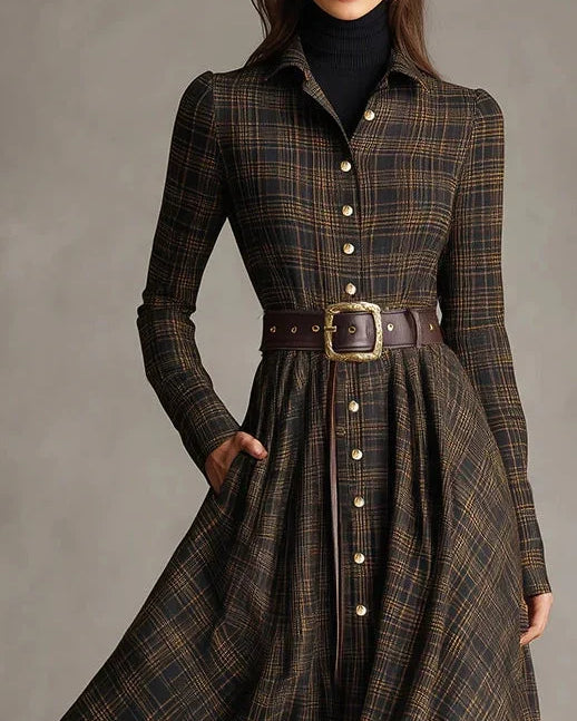 Abito lungo a camicia a righe marrone e nero con revers