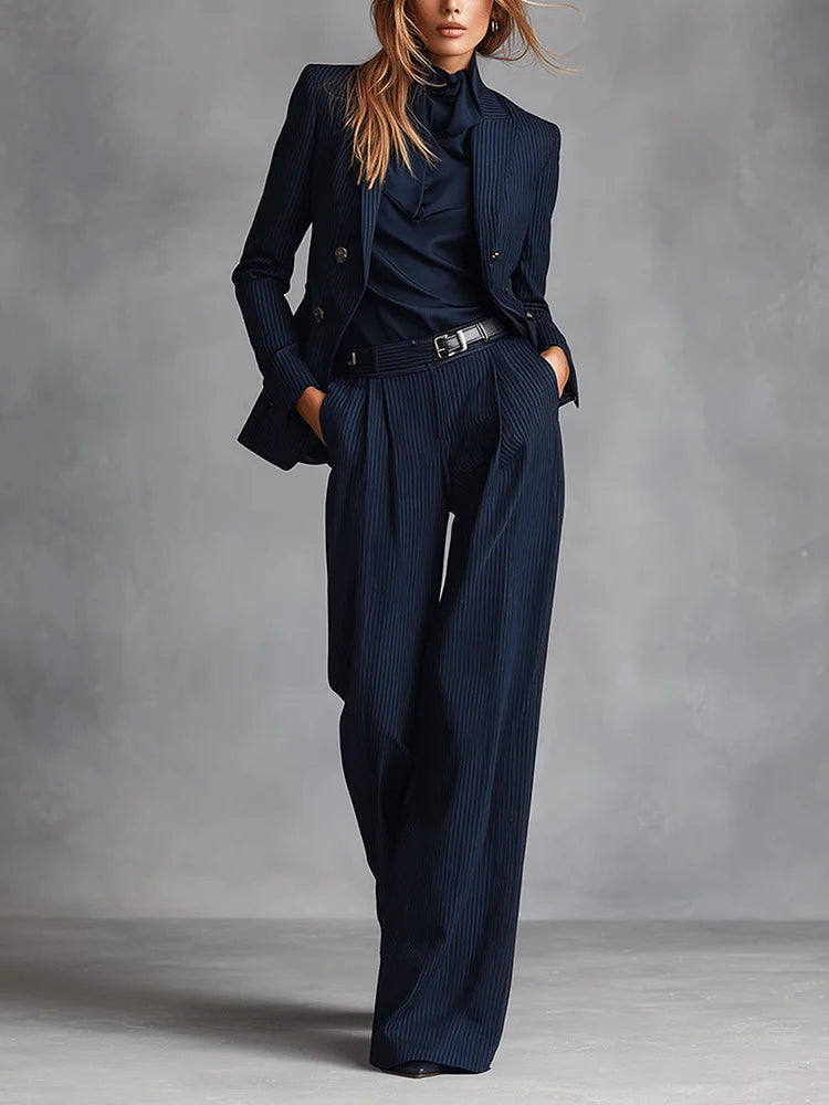 Completo da donna in stile classico doppiopetto a righe blu navy