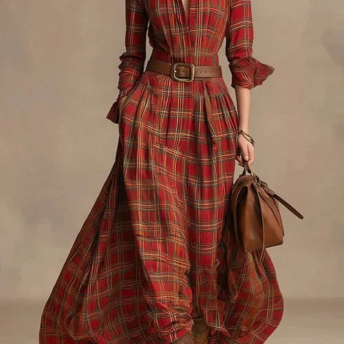 Maxi-abito con revers, maniche lunghe, chiusura a bottoni e motivo a quadri (incluso cinturino)