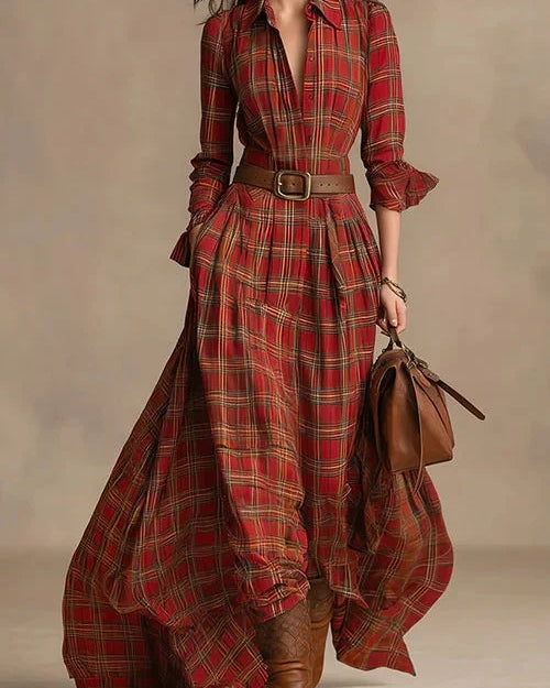 Maxi-abito con revers, maniche lunghe, chiusura a bottoni e motivo a quadri (incluso cinturino)