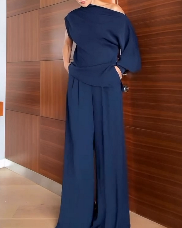 Completo donna due pezzi: top monospalla/off-shoulder a manica lunga e pantaloni