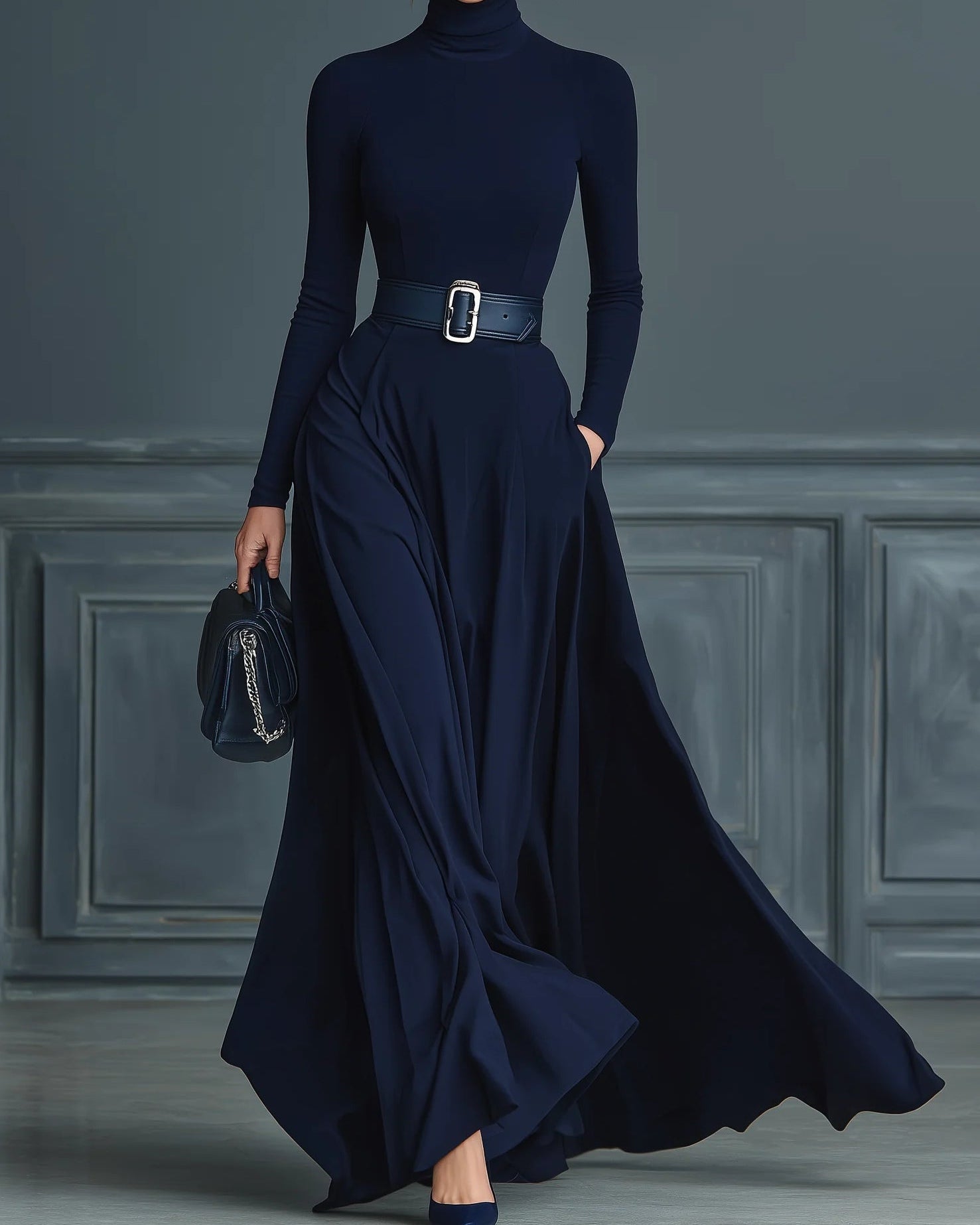 Eleonora - Abito a maglia blu scuro con collo alto