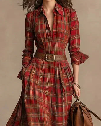 Maxi-abito con revers, maniche lunghe, chiusura a bottoni e motivo a quadri (incluso cinturino)