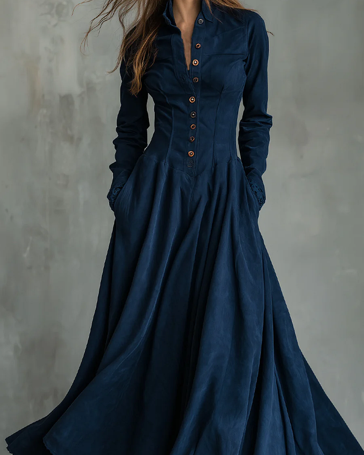 Abito maxi gotico blu scuro in finto scamosciato con pizzo