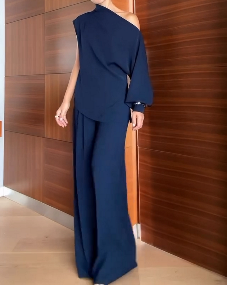 Completo donna due pezzi: top monospalla/off-shoulder a manica lunga e pantaloni