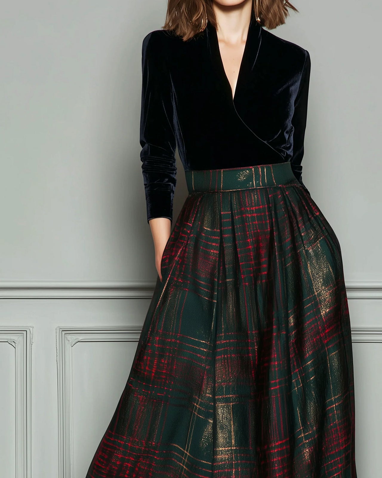 Abito Maxi Patchwork in Velluto e Quadri Verdi