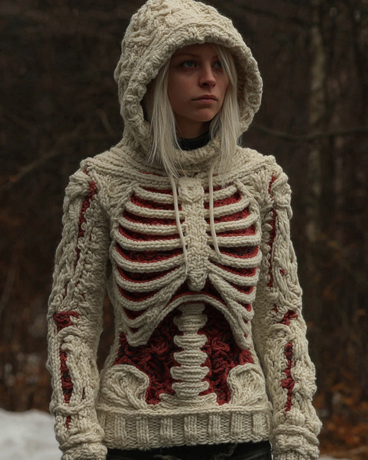 Maglione Cozy con Cappuccio Art Color Block Scheletro Bianco Vintage da Donna