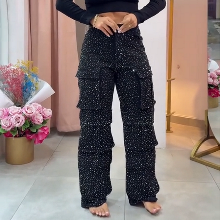 Pantaloni a Gamba Larga con Strass Eleganti
