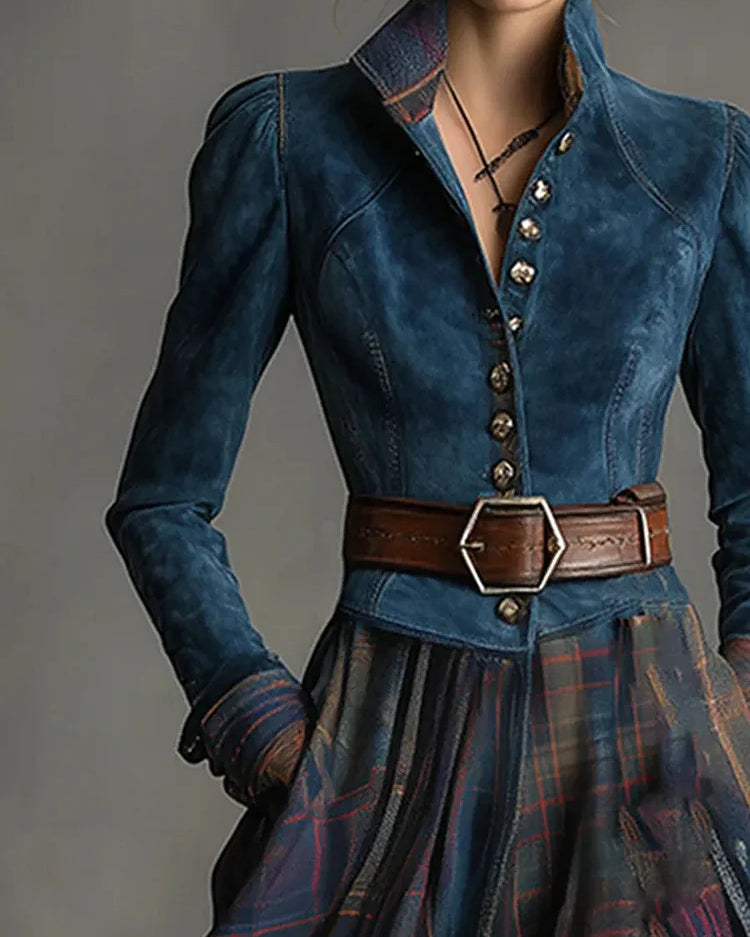 Maxi-abito in stile retrò con motivo a quadri in suede blu (incluso cintura)