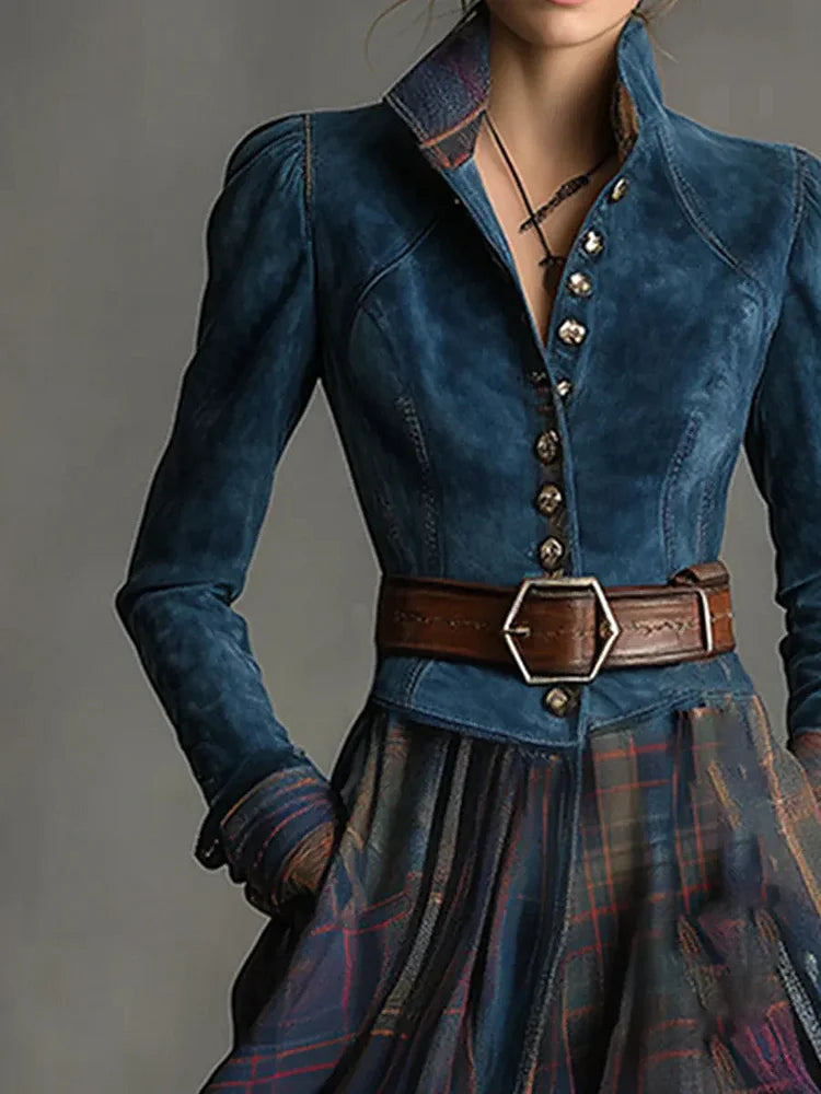 Maxi-abito in stile retrò con motivo a quadri in suede blu (incluso cintura)